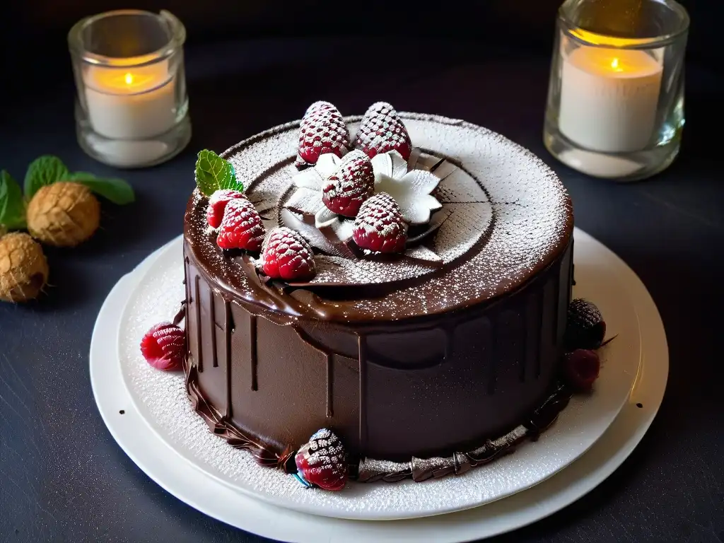 Delicioso pastel de chocolate recién horneado con frambuesas y menta, sobre plato blanco, resaltando los beneficios de la cañihua en repostería