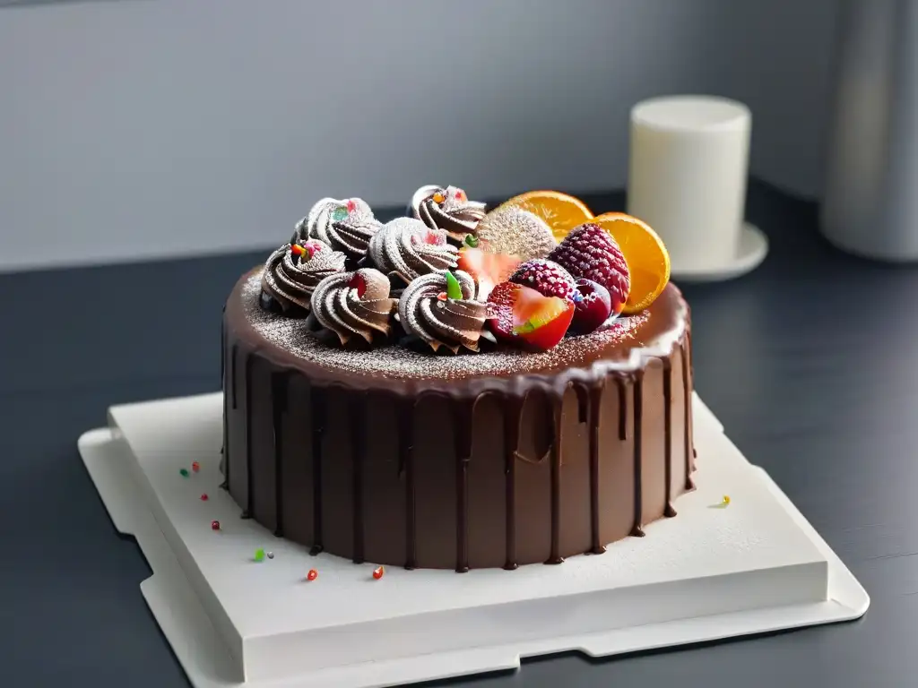 Delicioso pastel de chocolate infantil con chispas de colores y azúcar glass, en un elegante soporte blanco en cocina soleada