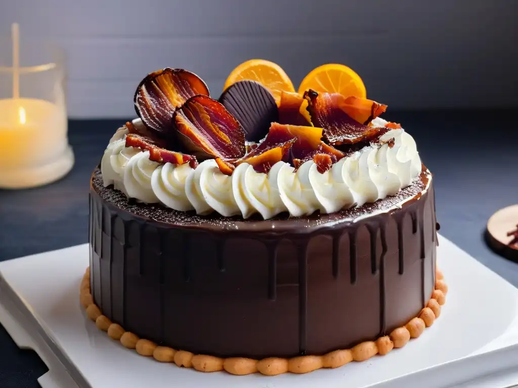 Delicioso pastel de chocolate con ingredientes salados, decorado con tocino caramelizado y sal marina en un elegante plato blanco