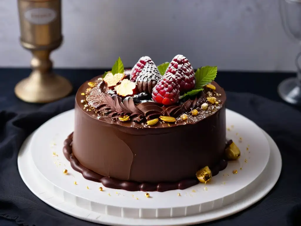 Delicioso pastel de mousse de chocolate con láminas de oro, frambuesas y ganache brillante en plato blanco sobre fondo negro