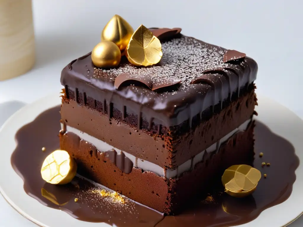 Delicioso pastel de chocolate con ganache de maca, decorado con láminas de oro, sobre plato blanco moderno