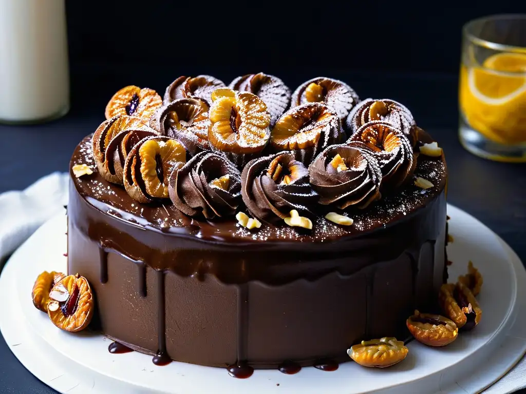 Delicioso pastel de chocolate con nueces activadas beneficios repostería en un elegante plato blanco sobre fondo negro