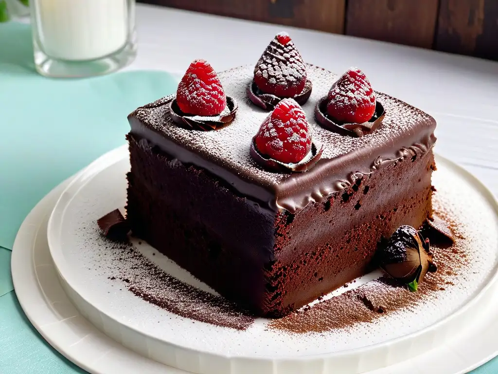 Delicioso pastel de chocolate oscuro con cacao puro, frambuesas frescas y crema batida en plato blanco moderno