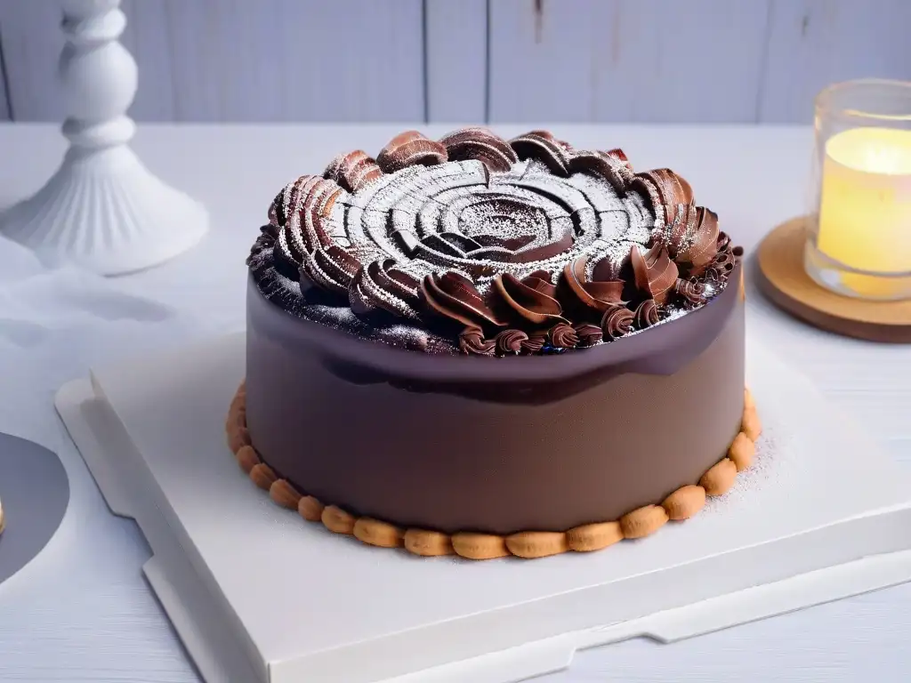 Delicioso pastel de chocolate premium con rizos de chocolate oscuro, en plato blanco moderno