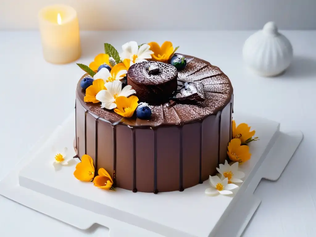 Delicioso pastel de chocolate con sirope de yacón dorado y flores comestibles, en plato blanco