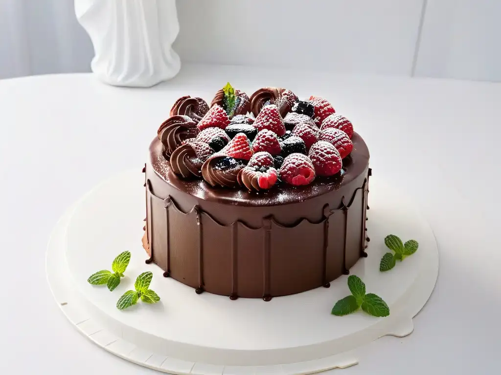 Delicioso pastel de chocolate triple con frosting elegante, frambuesas frescas y hojas de menta en soporte blanco
