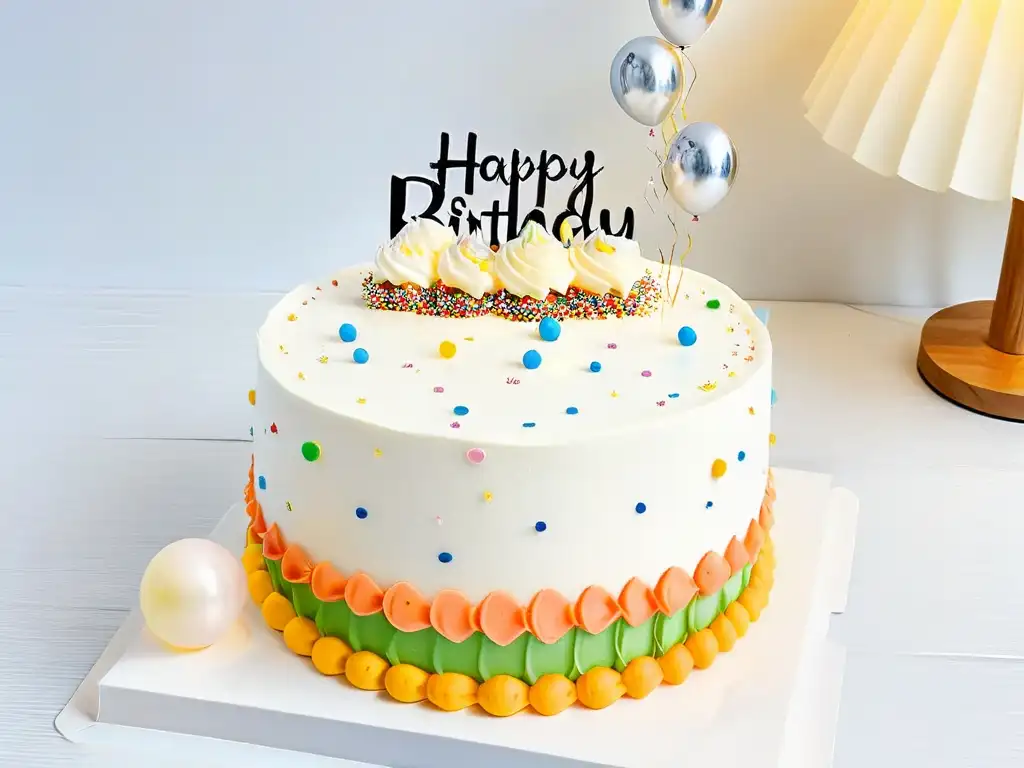 Delicioso pastel de cumpleaños con fondant y velas encendidas Delicioso pastel de cumpleaños con capas coloridas, velas encendidas y decoraciones elegantes