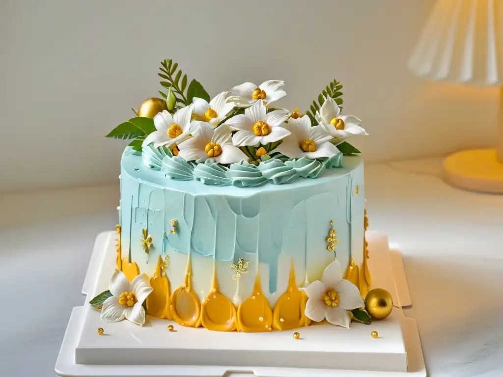 Delicioso pastel de cumpleaños decorado con flores y detalles en dorado, en una cocina moderna