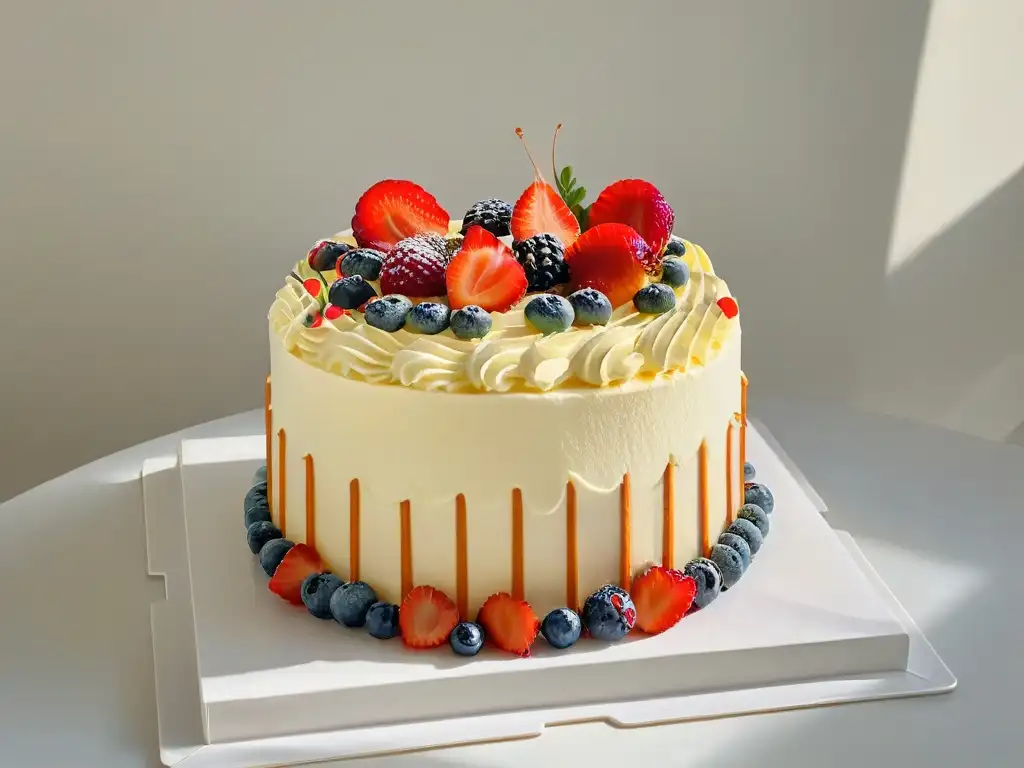 Delicioso pastel de cumpleaños sin horno con frosting, sprinkles y frutas frescas, en elegante soporte
