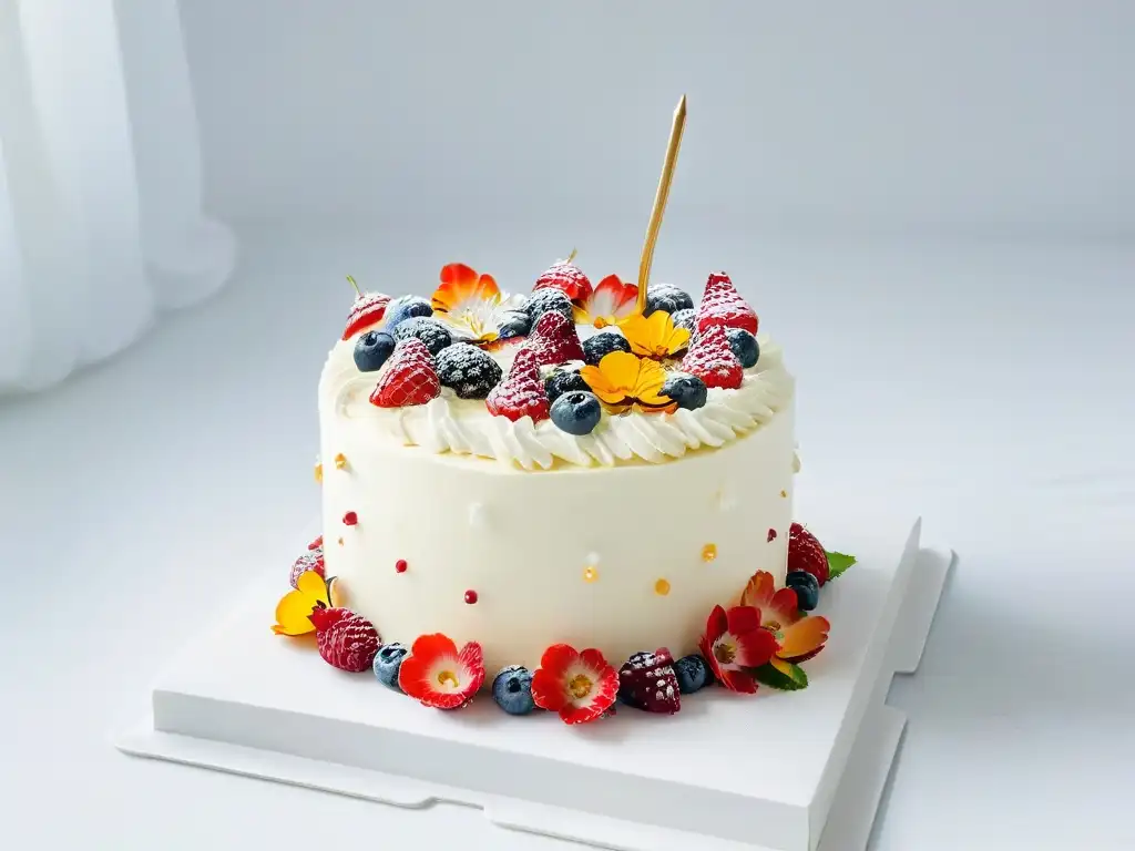 Delicioso pastel de cumpleaños sin horno con decoración colorida y frescas frutas y flores comestibles en base moderna blanca