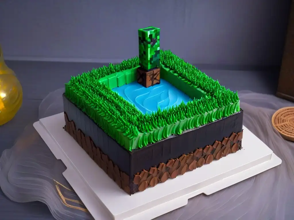 Delicioso pastel Minecraft con decoraciones pixeladas en tonos verdes, marrones y negros