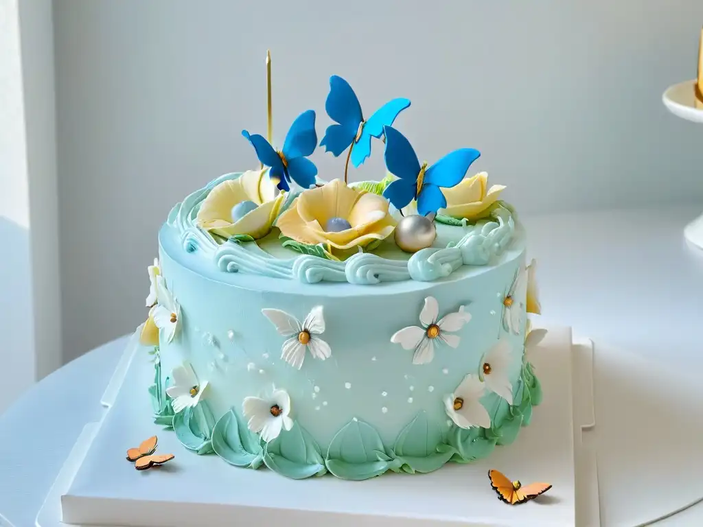 Delicioso pastel de Pascua decorado con flores y mariposas de azúcar, en un soporte blanco, en una cocina soleada