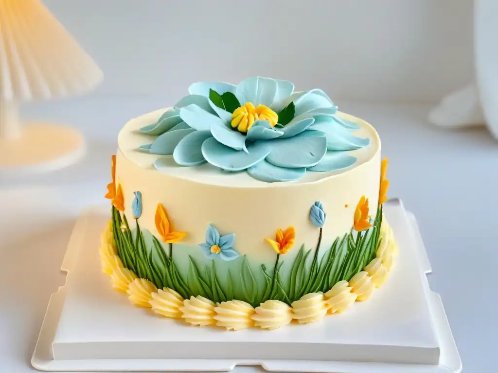 Delicioso pastel de Pascua con decoración floral intrincada sobre soporte blanco