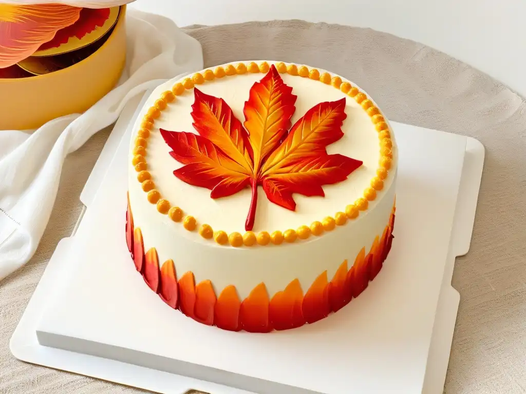 Delicioso pastel en forma de hoja de arce decorado con colores otoñales, tendencias repostería canadiense postres