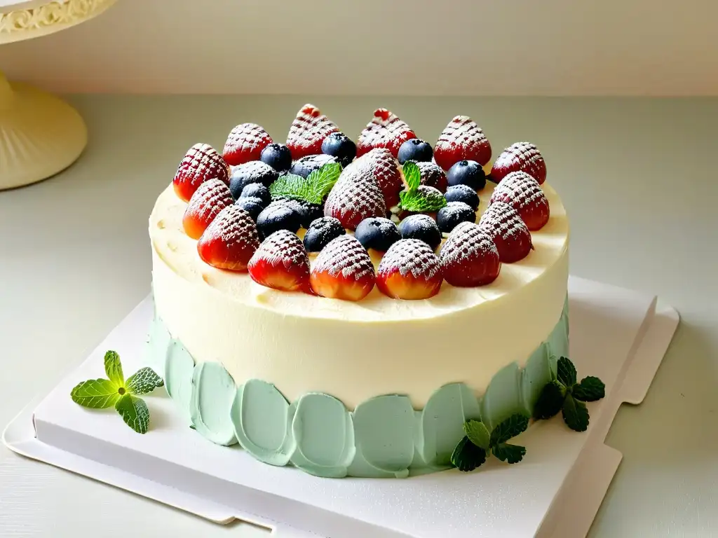 Delicioso pastel sin gluten decorado con frutas y menta, en un elegante soporte, ideal para postres sin gluten