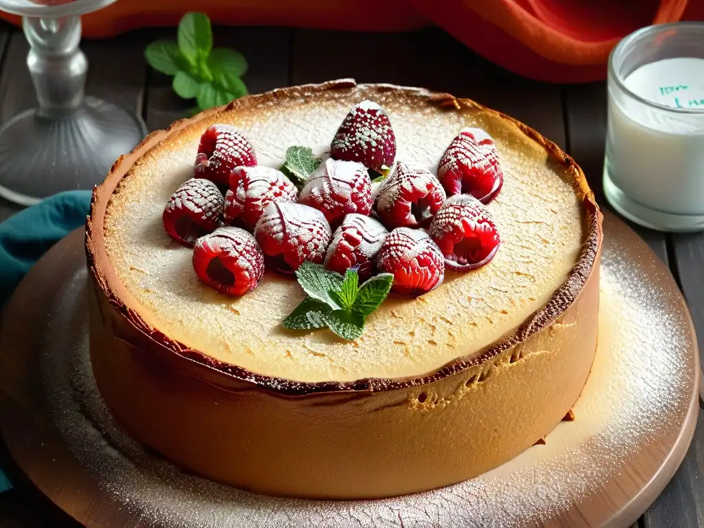 Un delicioso pastel sin gluten de harina de almendra, con frambuesas frescas y menta, en una mesa rústica