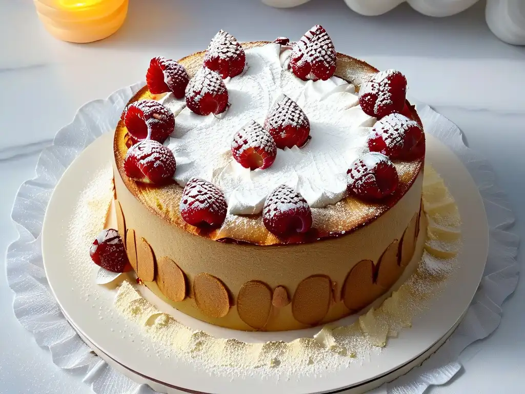 Delicioso pastel de harina de almendra sin gluten con frambuesas frescas y azúcar glas, sobre una encimera de mármol blanco