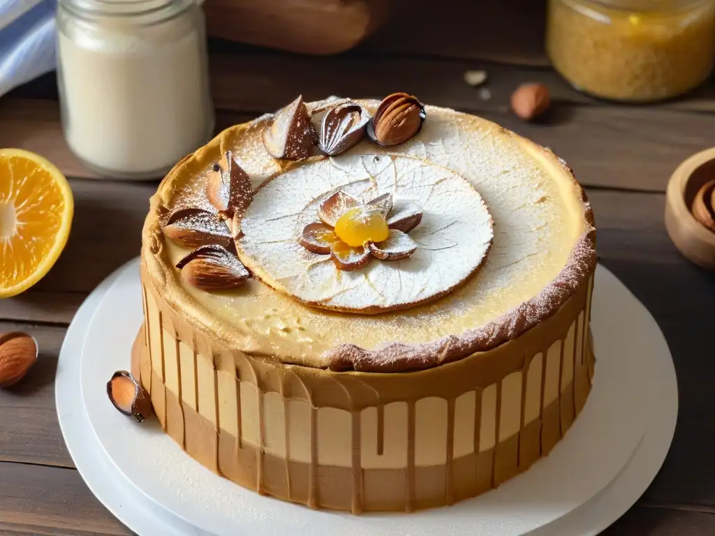 Delicioso pastel de harina de almendras con crujiente costra dorada, almendras y miel