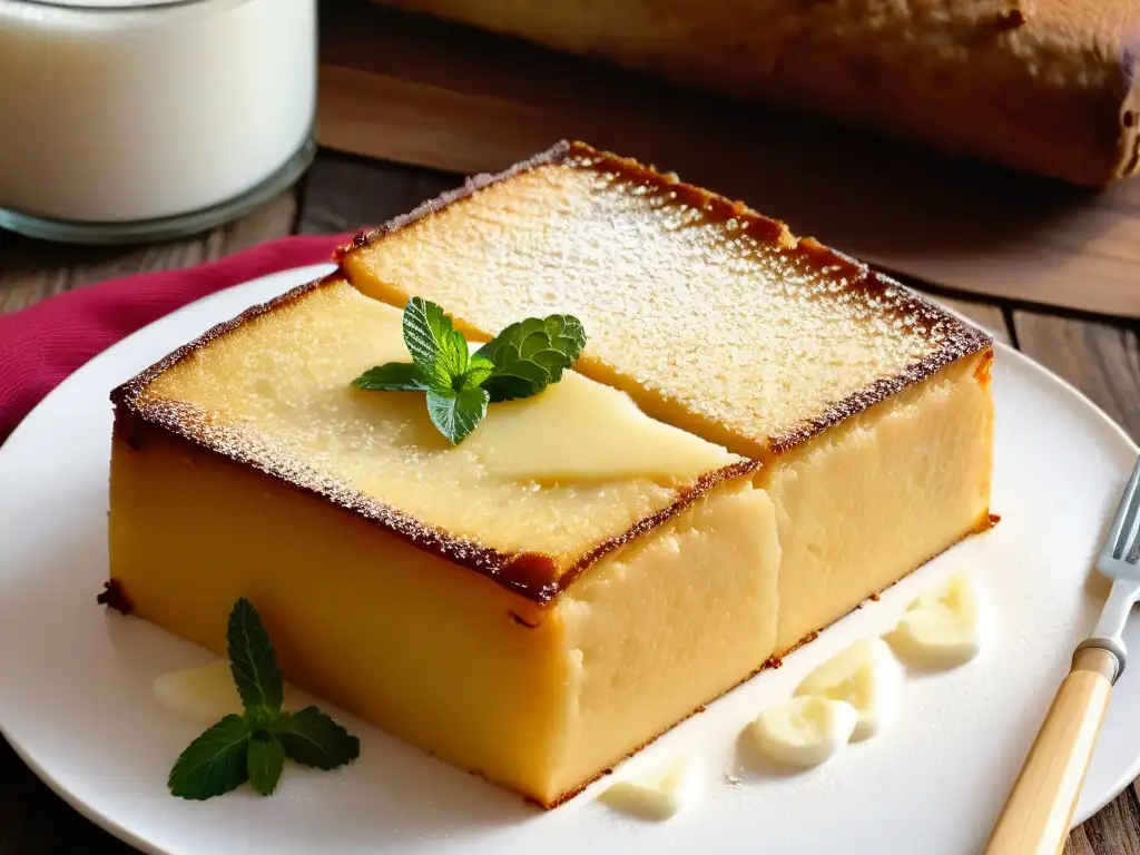 Un delicioso pastel de yuca recién horneado en una mesa rústica, con coco rallado y menta fresca