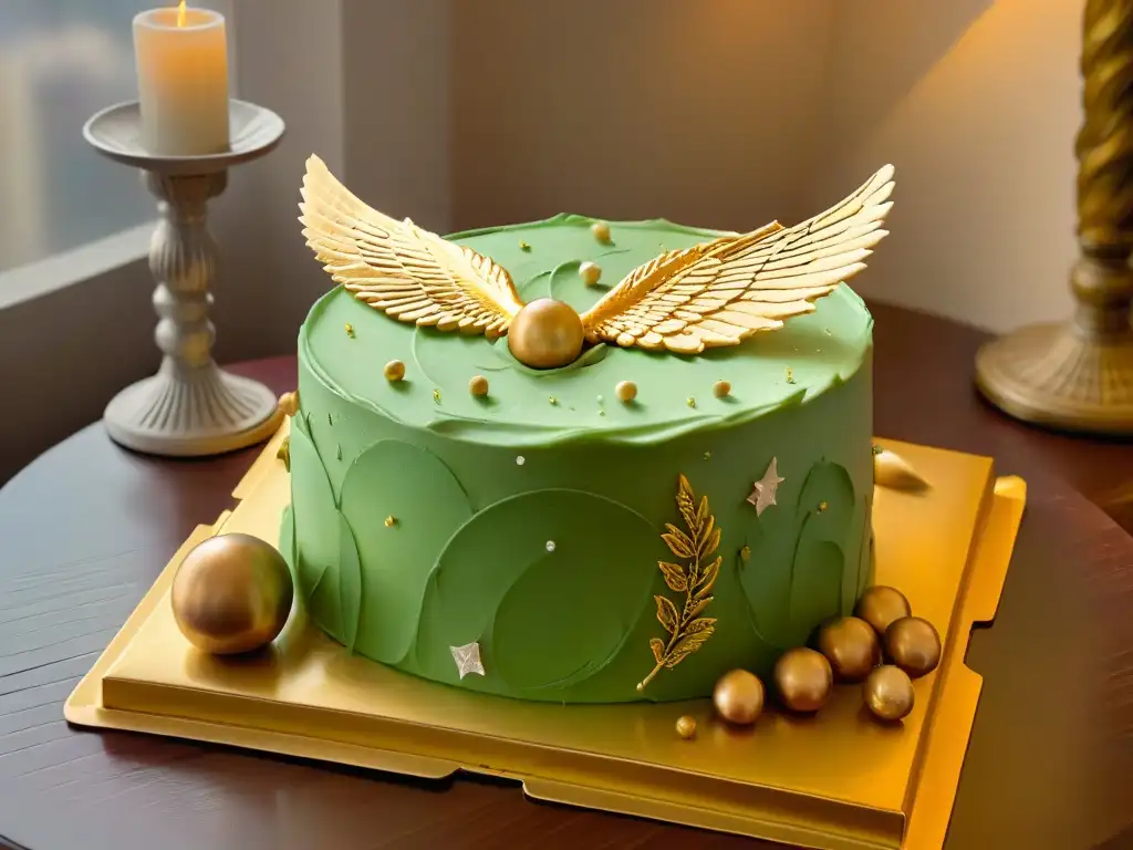 Delicioso pastel inspirado en Harry Potter con alas doradas y detalle mágico