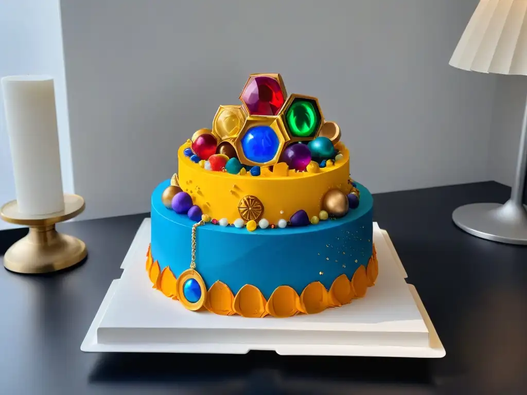 Delicioso pastel inspirado en Marvel con diseño detallado de las Gemas del Infinito