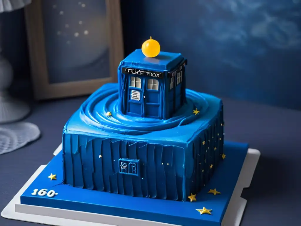 Delicioso pastel inspirado en Doctor Who, con detalles de fondant en forma de TARDIS sobre un fondo estrellado