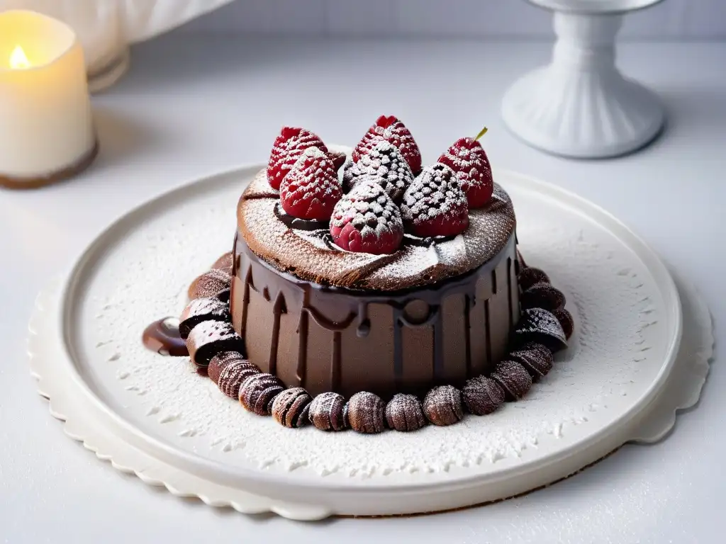 Delicioso pastel de lava de chocolate belga con frambuesas y salsa de chocolate, en una presentación exquisita