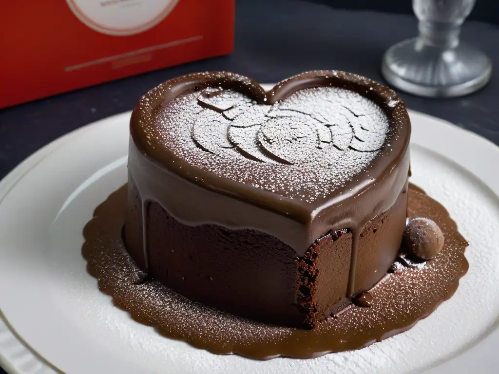 Delicioso pastel de lava de chocolate en forma de corazón, perfecto para postres románticos San Valentín