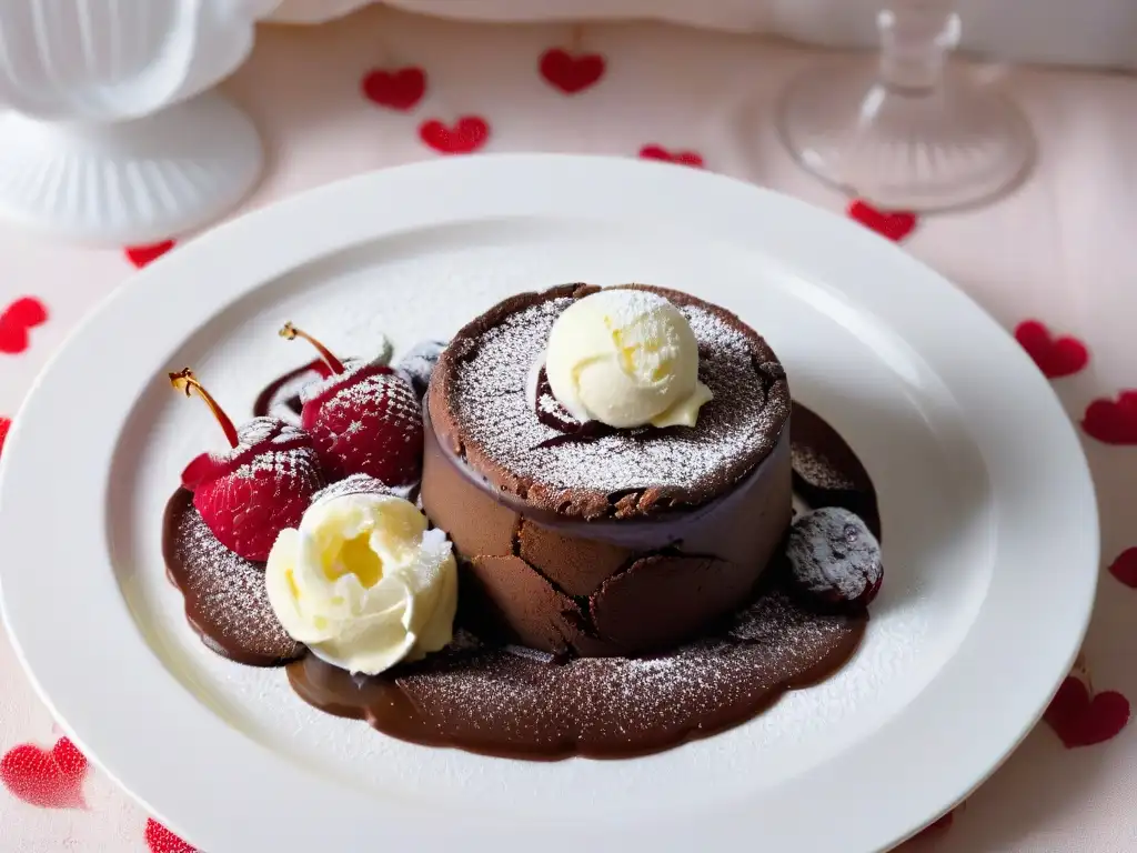 Delicioso pastel de lava de chocolate en forma de corazón, con helado de vainilla y frambuesas frescas en un ambiente romántico con velas