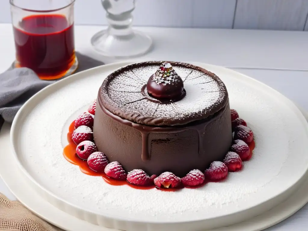 Delicioso pastel de lava de chocolate sin azúcar con coulis de frambuesa, ideal para diabéticos saludables