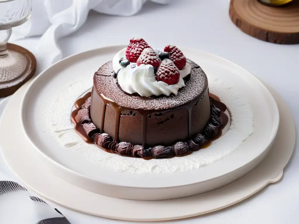 Delicioso pastel de lava de chocolate keto con crema batida y frambuesas frescas en un elegante plato blanco sobre fondo minimalista