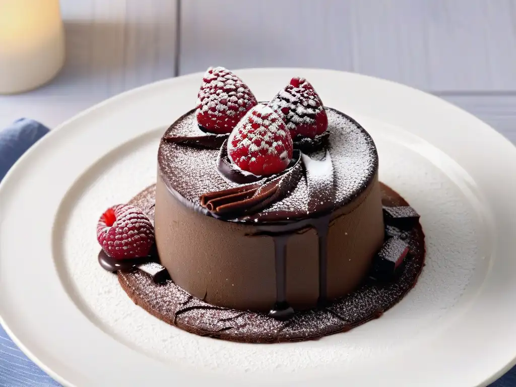 Delicioso pastel de lava de chocolate con frambuesa, elegante y tentador, en un plato blanco