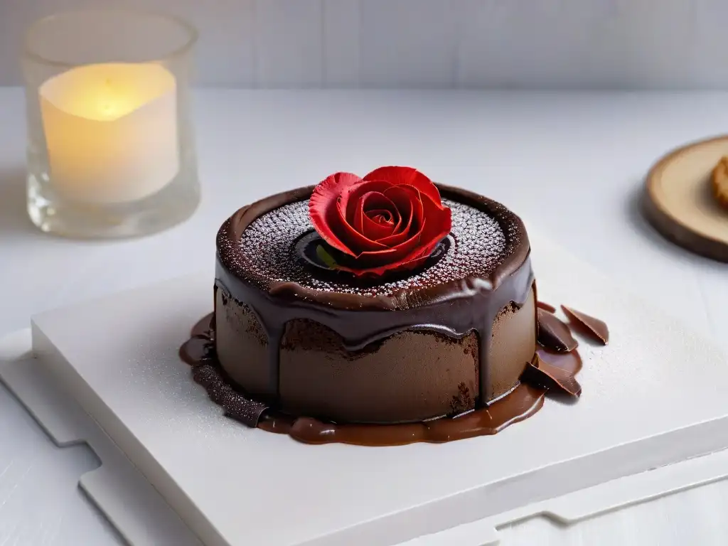 Un delicioso pastel de lava de chocolate en forma de corazón con pétalo de rosa, en un elegante plato blanco en un ambiente romántico