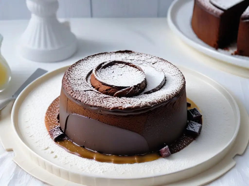 Delicioso pastel de lava de chocolate sin gluten en plato blanco moderno, perfectamente horneado con azúcar glass