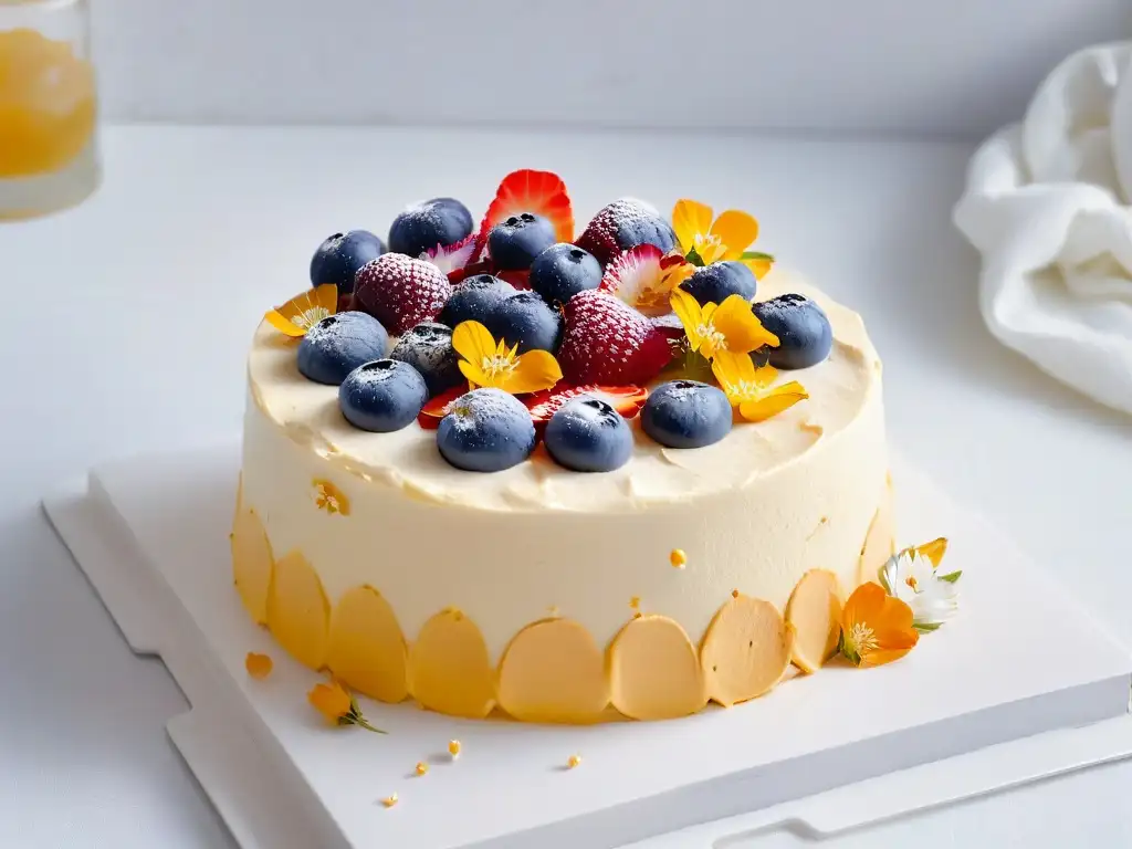 Exquisita torta de tres leches con frutas y flores comestibles Delicioso pastel de tres leches con frutas y flores comestibles, en un elegante plato blanco