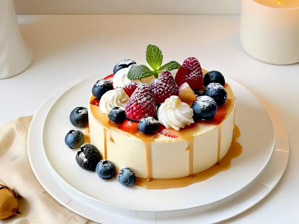 Delicioso pastel de Tres Leches con frutas y menta en plato blanco sobre fondo pastel