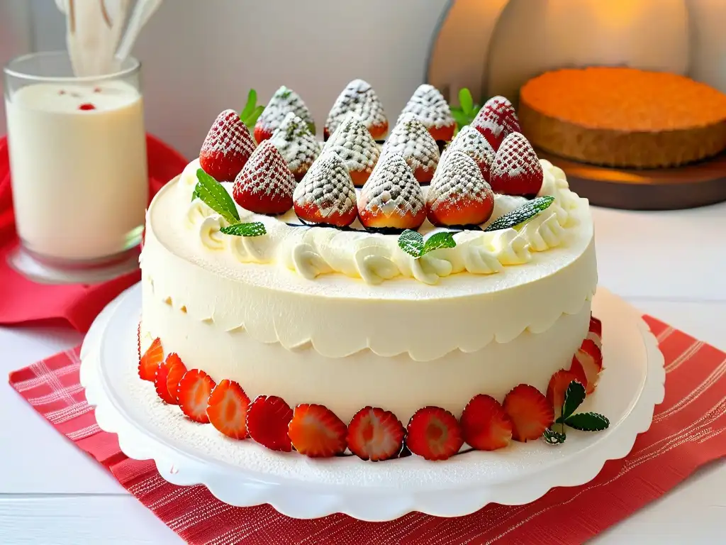 Exquisito pastel tres leches decorado con fresas y menta Delicioso pastel tres leches perfecto con decoración elegante de fresas y menta