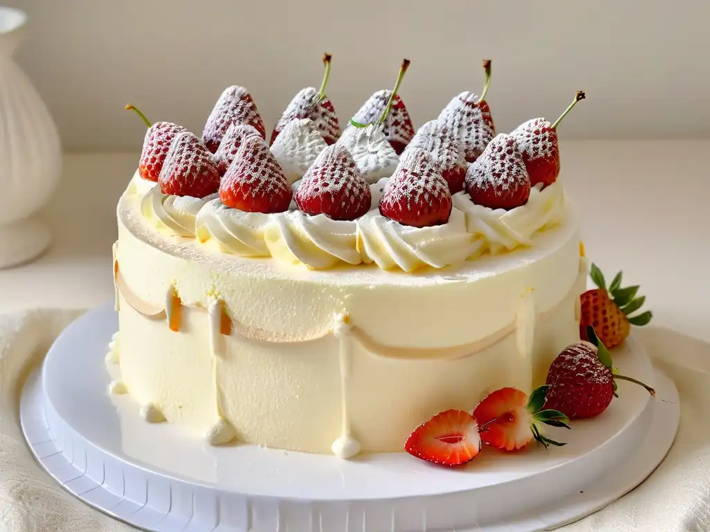 Delicioso pastel tres leches con fresas frescas Delicioso pastel tres leches perfecto con canela y fresas frescas en un elegante soporte blanco