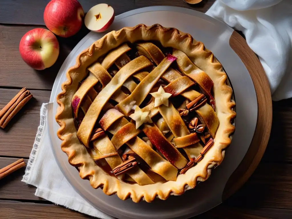 Delicioso pastel de manzana especiado recién horneado en mesa rústica de invierno