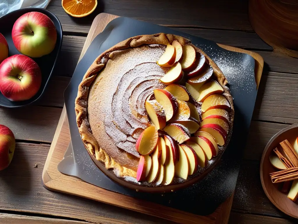 Delicioso pastel de manzana especiado en invierno sobre mesa rústica, con azúcar glaseado y manzanas caramelizadas