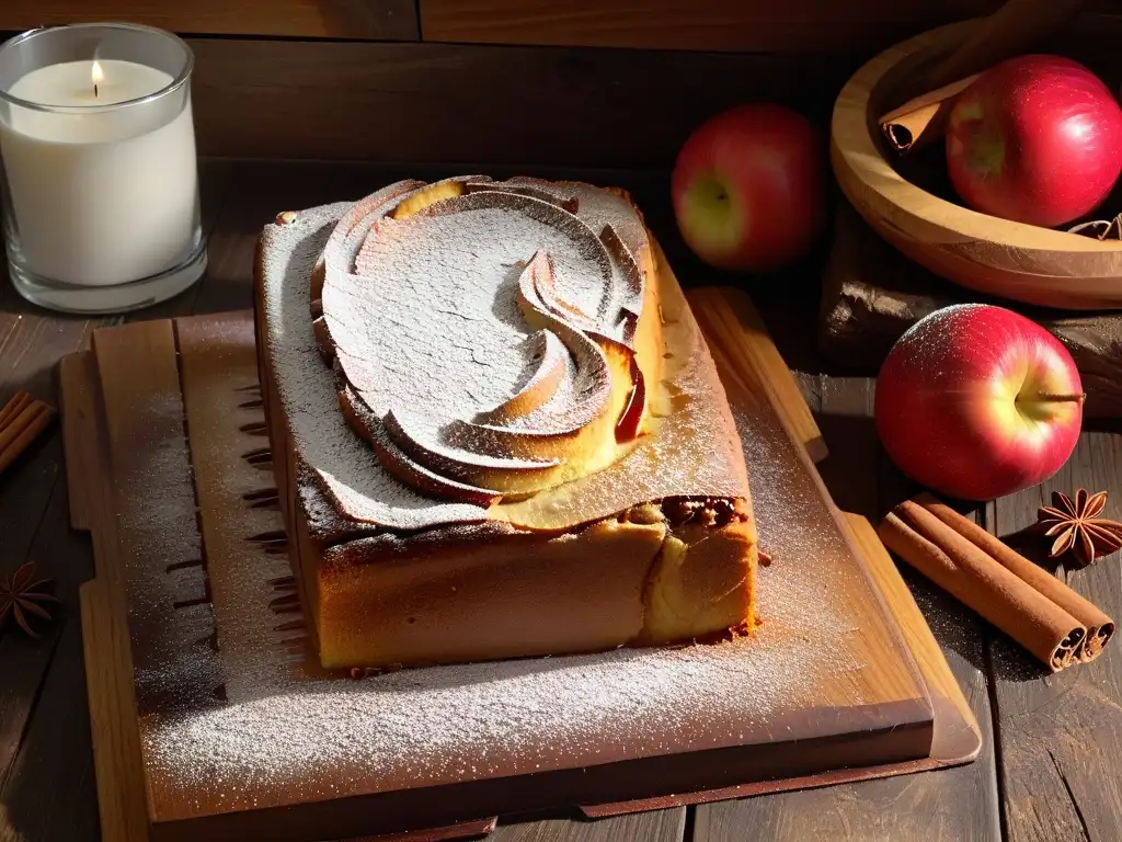 Delicioso pastel de manzana especiado en invierno, recién horneado y decorado con canela y manzanas enteras