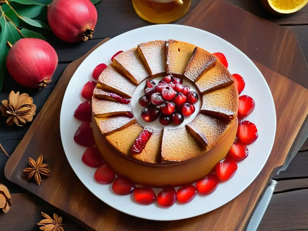 Delicioso pastel de miel judío para Rosh Hashaná con granadas frescas y miel, listo para disfrutar