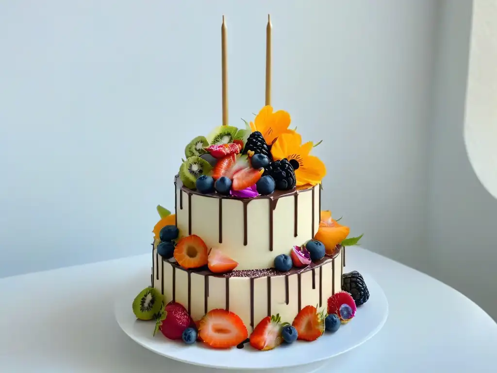 Delicioso pastel de tres pisos con frutas frescas, chocolate y flores comestibles, en un elegante soporte