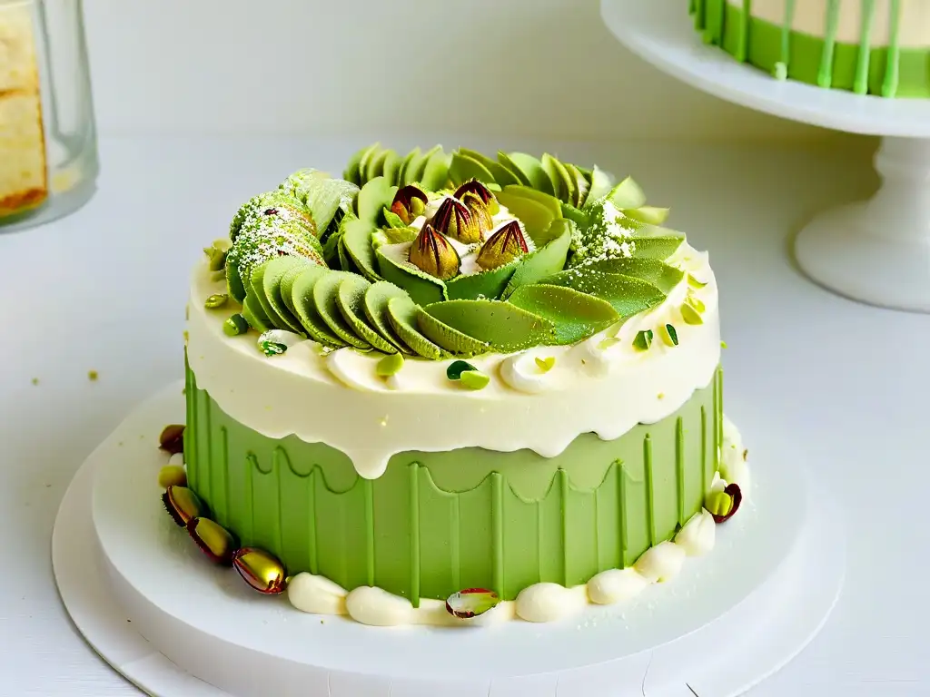 Delicioso pastel de pistacho y chocolate blanco con pistachos iraníes en repostería creativa