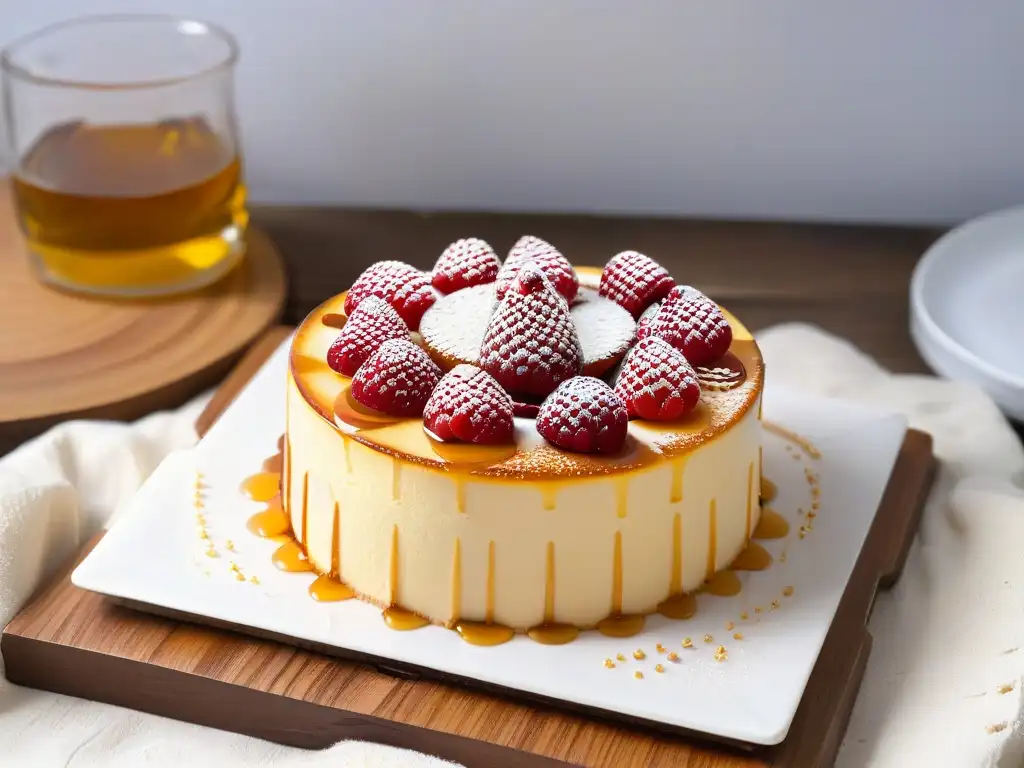 Un delicioso pastel de queso polaco con miel y frambuesas, en una elegante vajilla blanca sobre una mesa rústica