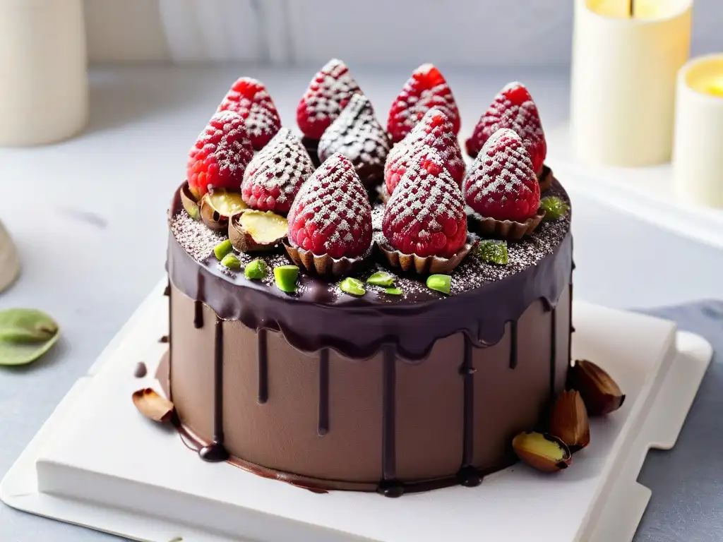 Delicioso pastel de quinua con chocolate, frambuesas y pistachos en soporte de mármol blanco