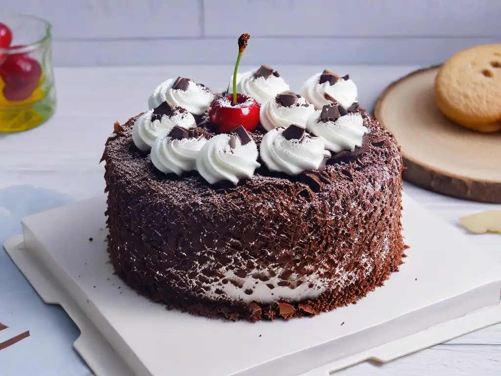 Delicioso pastel Selva Negra con influencia global en repostería, repleto de capas de bizcocho de chocolate, crema batida y cerezas, decorado con virutas de chocolate y cerezas frescas en un elegante plato blanco