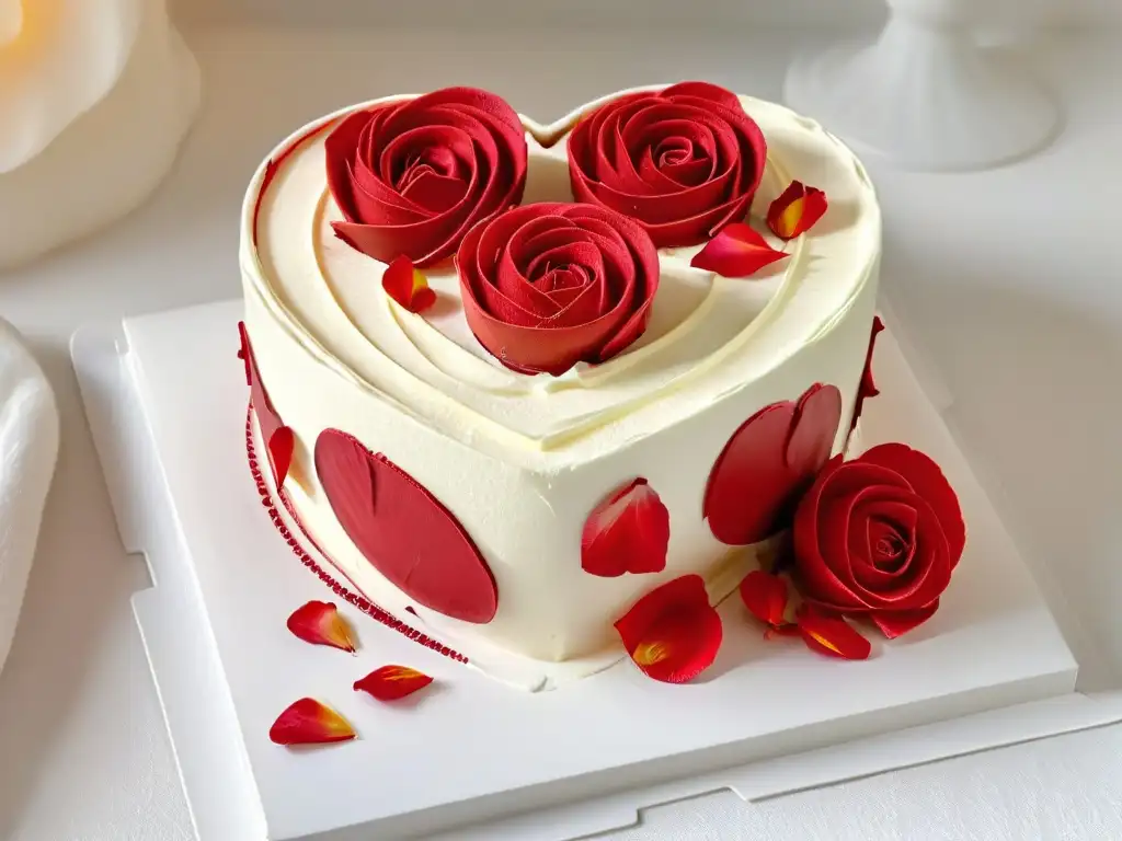 Delicioso pastel de terciopelo rojo en forma de corazón con pétalos de rosa, perfecto para postres románticos comedias románticas