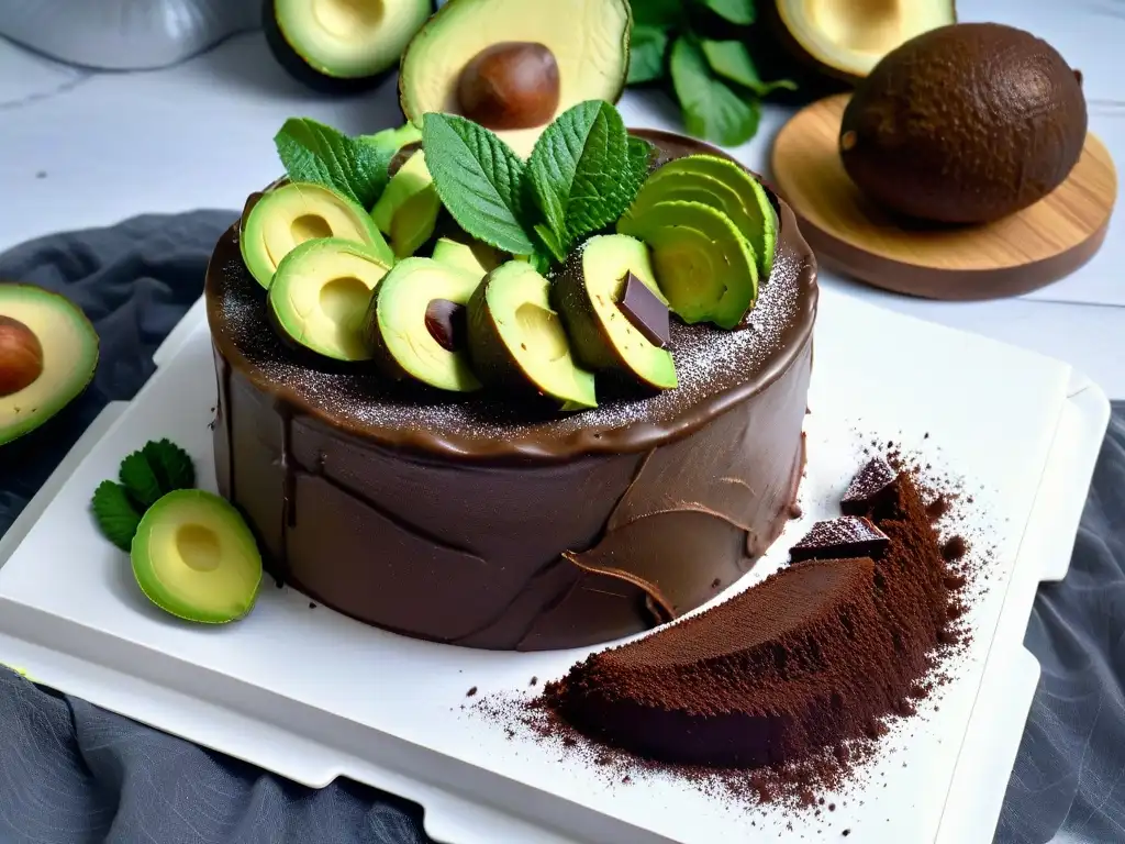 Delicioso pastel vegano de aguacate y chocolate, adornado con aguacate y cacao en una elegante presentación de mármol blanco