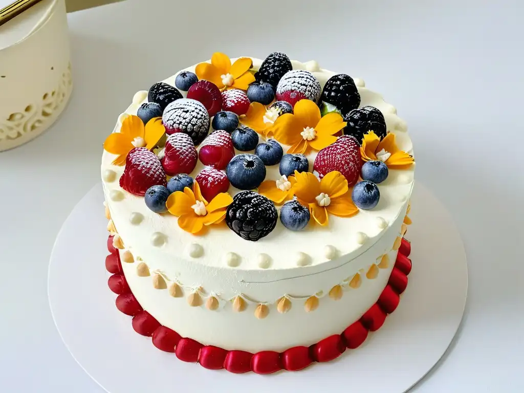 Delicioso pastel vegano para celebraciones especiales con flores y bayas, elegante y artístico